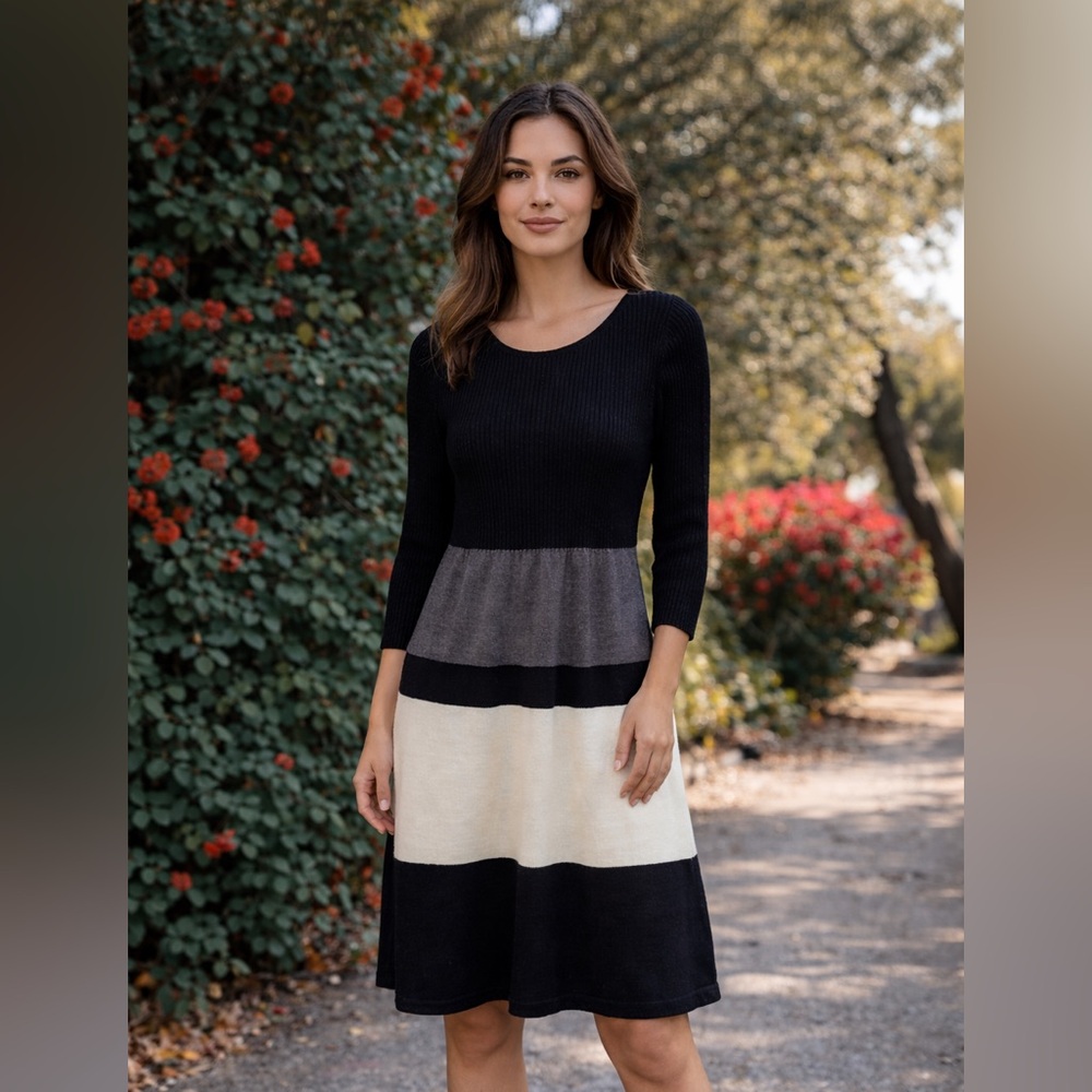 Studio I Ribbed Colorblock Dress • 3/4 Sleeve Black & Grey Knit Dress  Lg